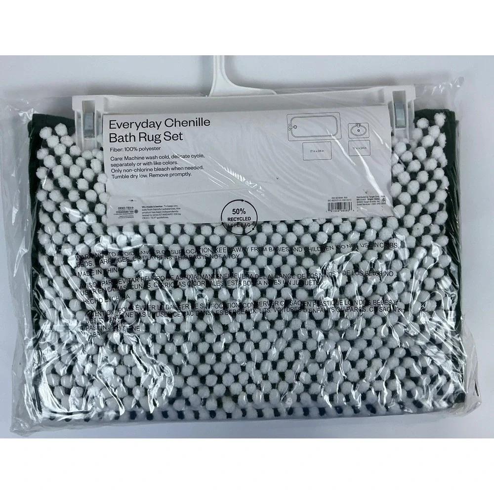 Room Essentials Everyday Chenille Bath Rug Set‎ 2 Piece Green White New